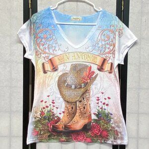 Sweet Gisele San Antonio TX Rhinestone Cowgirl Hat Boot Sparkle Short Sleeve Tee